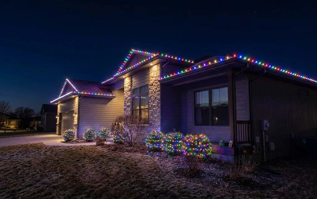Multicolor LED string lights installed on home roofline, gables, and landscape shrubs at night