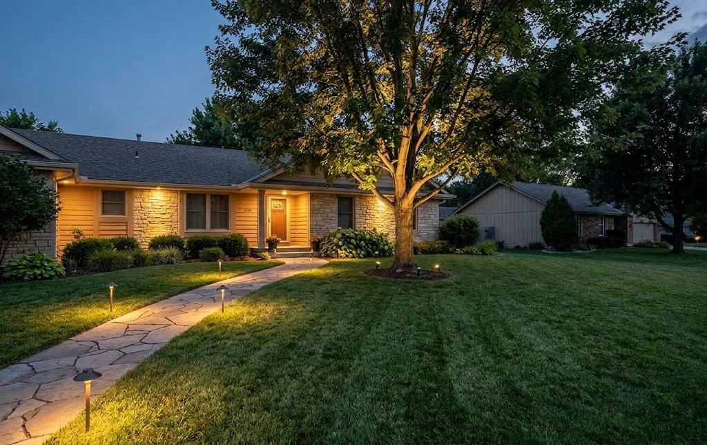 Warm LED landscape lighting on home exterior, flagstone pathway, and uplighting on mature tree