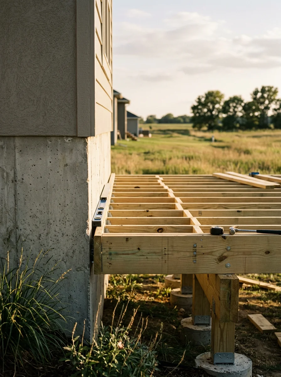 Deck build in progress on a newer home in Andover, KS, showing framing attached to the home's foundation with an open residential lot in the background.
