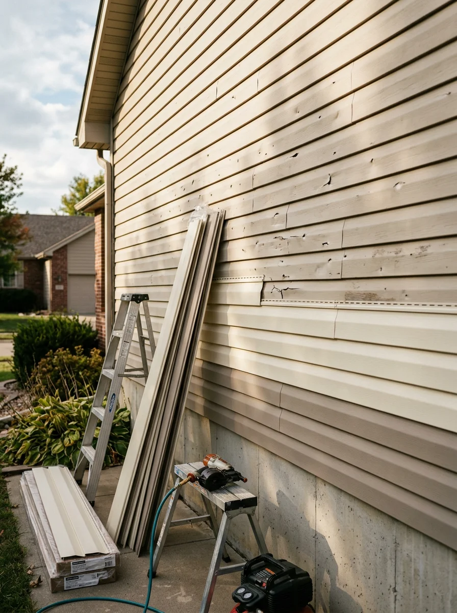 Vinyl siding repair in progress on a 2000s-era home in Bel Aire, KS, showing replacement panels being installed on the south-facing wall after hail damage.