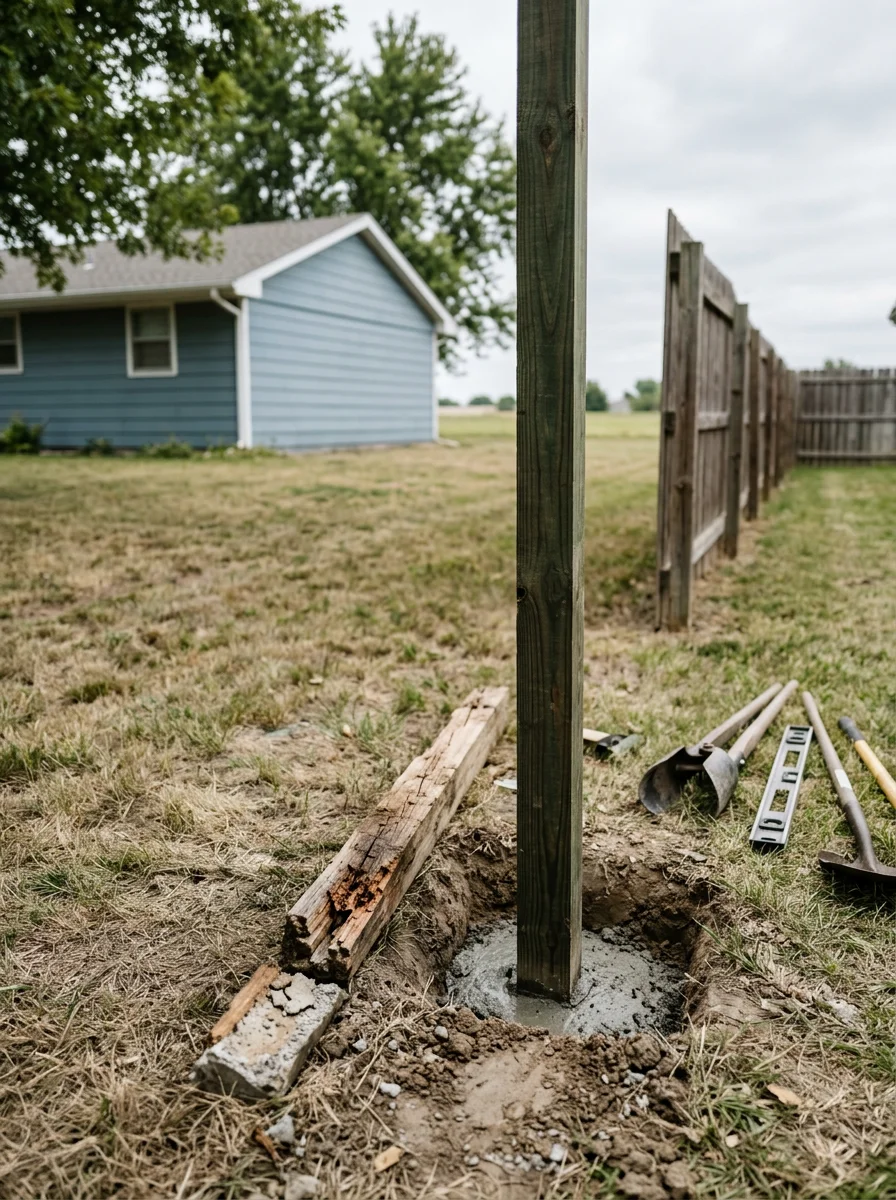 Rotted fence post being removed and reset in concrete at a Haysville, KS property, showing the original shallow post depth that caused the fence to lean over time.