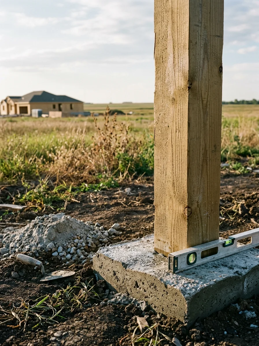 Close-up of a treated wood fence post set in concrete at a new-construction home in Maize, KS, showing proper footing depth on a flat residential lot.