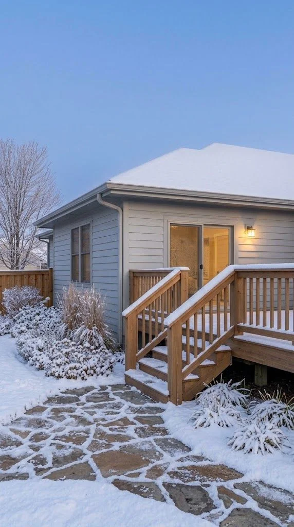 Deck and landscape lighting on a Newton home during evening, showing frost-resistant construction