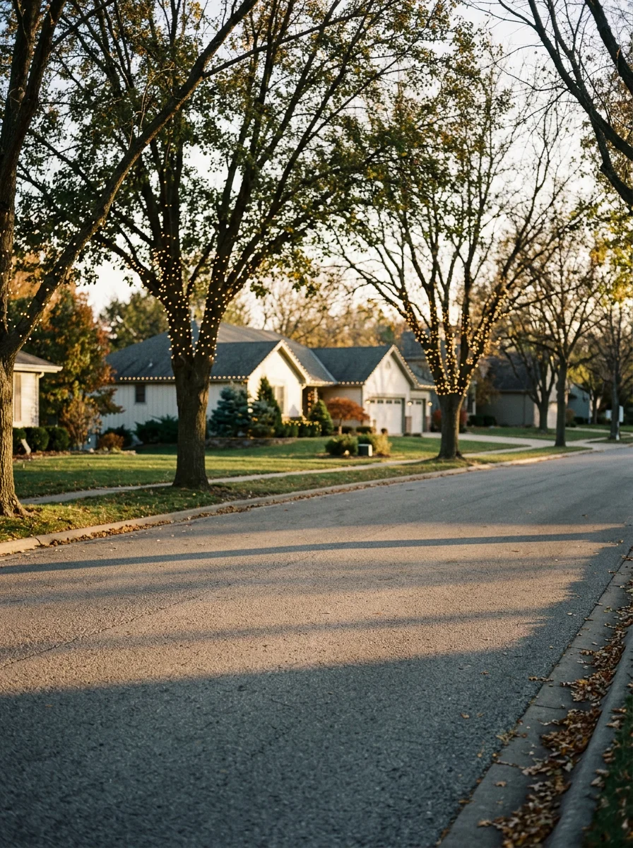 Christmas lights installed on the roofline and mature street trees of a ranch-style home in Park City, KS, with a three-car garage and tree-lined residential street visible.