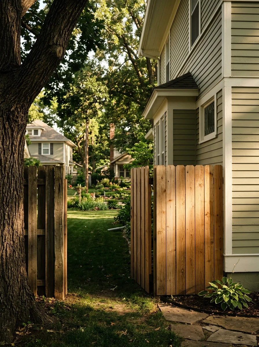 Exterior painter applying fresh coat to wood siding on an older Wichita, KS home in a tree-lined neighborhood, with a repaired fence visible along the property line.
