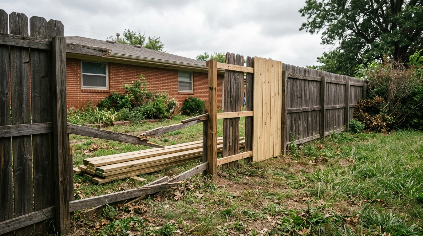 Privacy fence with storm-damaged panels being repaired on a residential lot in Wichita, Kansas, with a mid-century ranch home visible in the background.