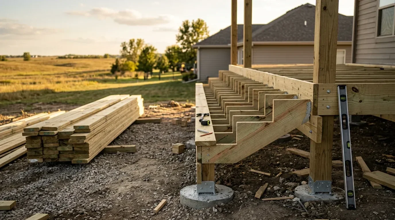 A newly built custom wood deck attached to a single-story home in Maize, Kansas, with open railing and a backyard view. The deck includes stairs leading to a flat lawn under a clear Kansas sky.