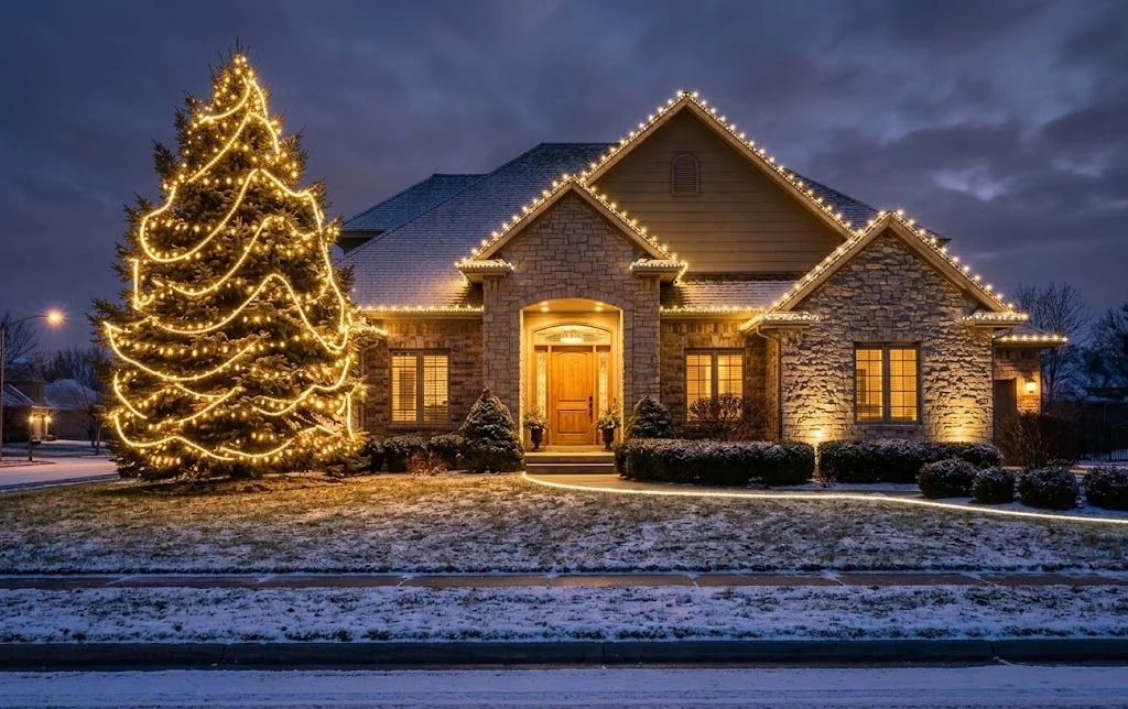 A Maize, Kansas home with a professionally designed holiday lighting display outlining the roofline, front peaks, and entryway in clean, evenly spaced lights. The display is viewed from the street at dusk, showing the full layout against the home's exterior.