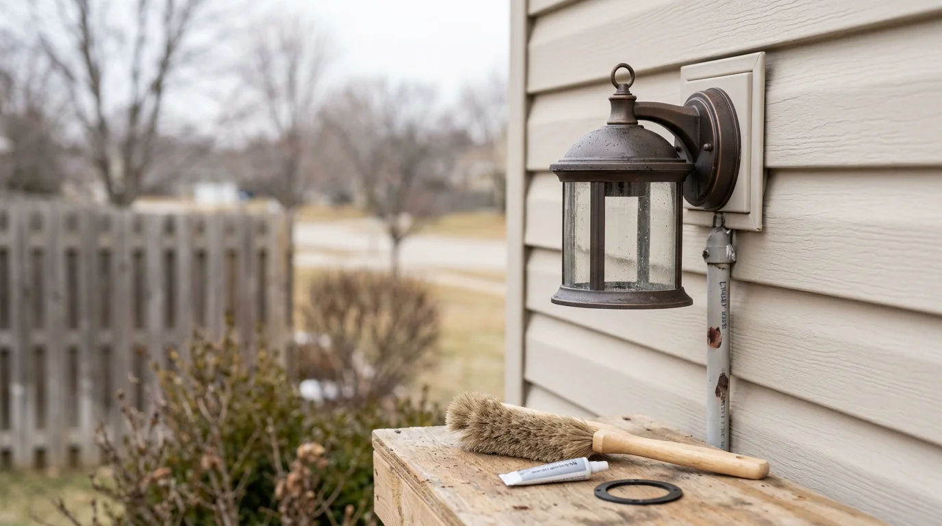 A technician from Ironclad Exteriors inspecting and realigning an outdoor pathway light fixture at a residential property in Maize, Kansas. The fixture is surrounded by trimmed landscaping with a well-lit walkway visible in the background.