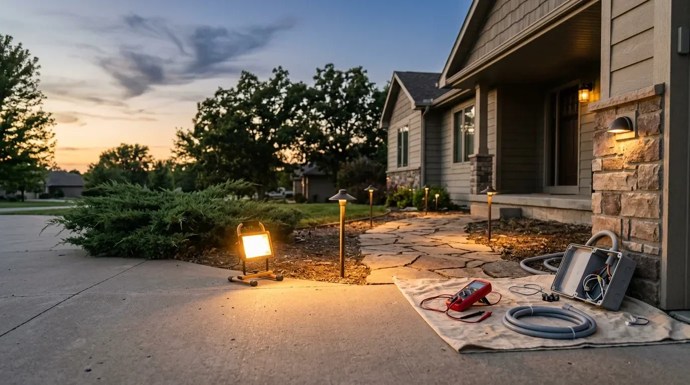 Professionally installed outdoor lighting along the front walkway and entry of a residential home in Maize, Kansas, with fixtures illuminating the driveway and exterior walls after dark.