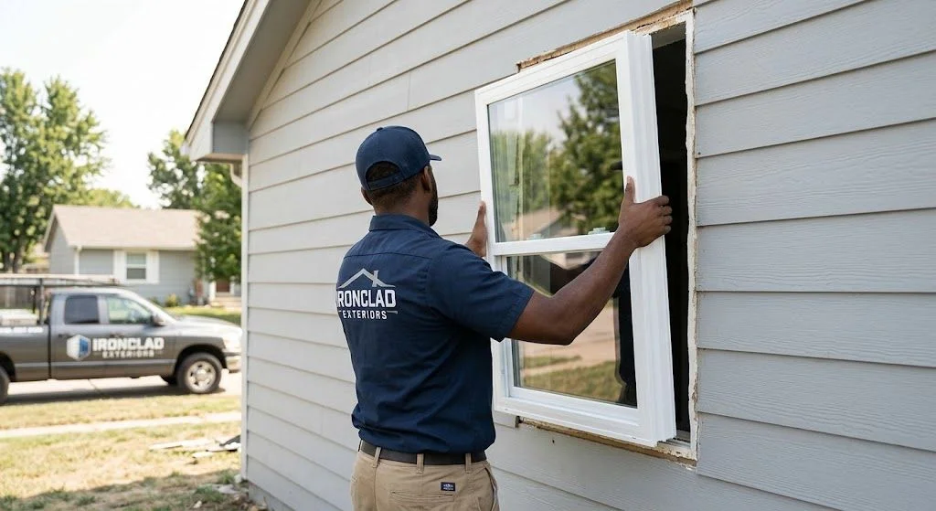 Newly installed replacement windows on a single-story residential home in Maize, Kansas, with clean frames and clear glass visible from the front exterior. The surrounding trim is tight and finished, showing a completed window replacement on a typical Sedgwick County home.
